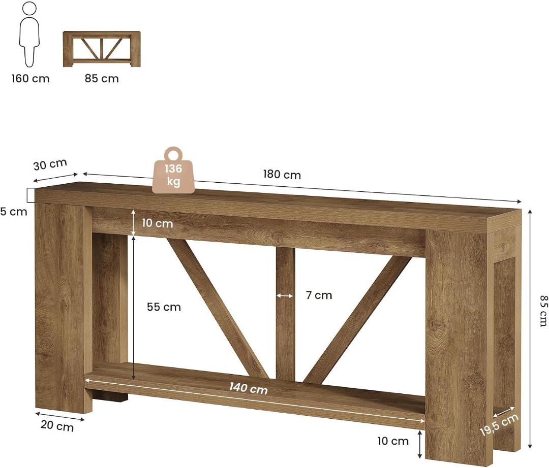 Console 70,9 pouces à 2 niveaux en bois
